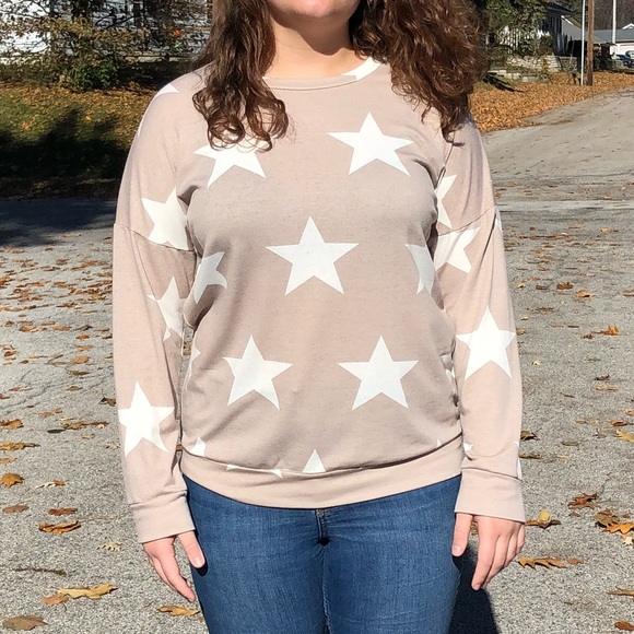 Stars Tan Banded Long Sleeve Top! NEW! - Picture 4 of 10